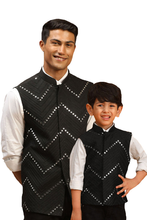 VASTRAMAY Black Mirror Work Viscose Sleeveless Ethnic Jacket Baap Beta Set